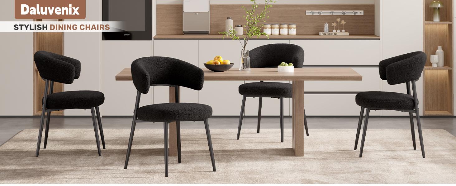 Dining Chairs Set of 4, Mid Century Modern Kitchen Chairs, Boucle Upholstered Dining Chair with Curved Backrest & Metal Legs for Kitchen Dining Room,