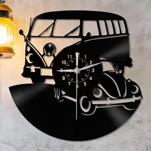 Vintage Vinyl Record Wall Clock, Old Bus Theme Silent Clock, No Tick-Tick Sound, Living Room Bedroom Study Decor