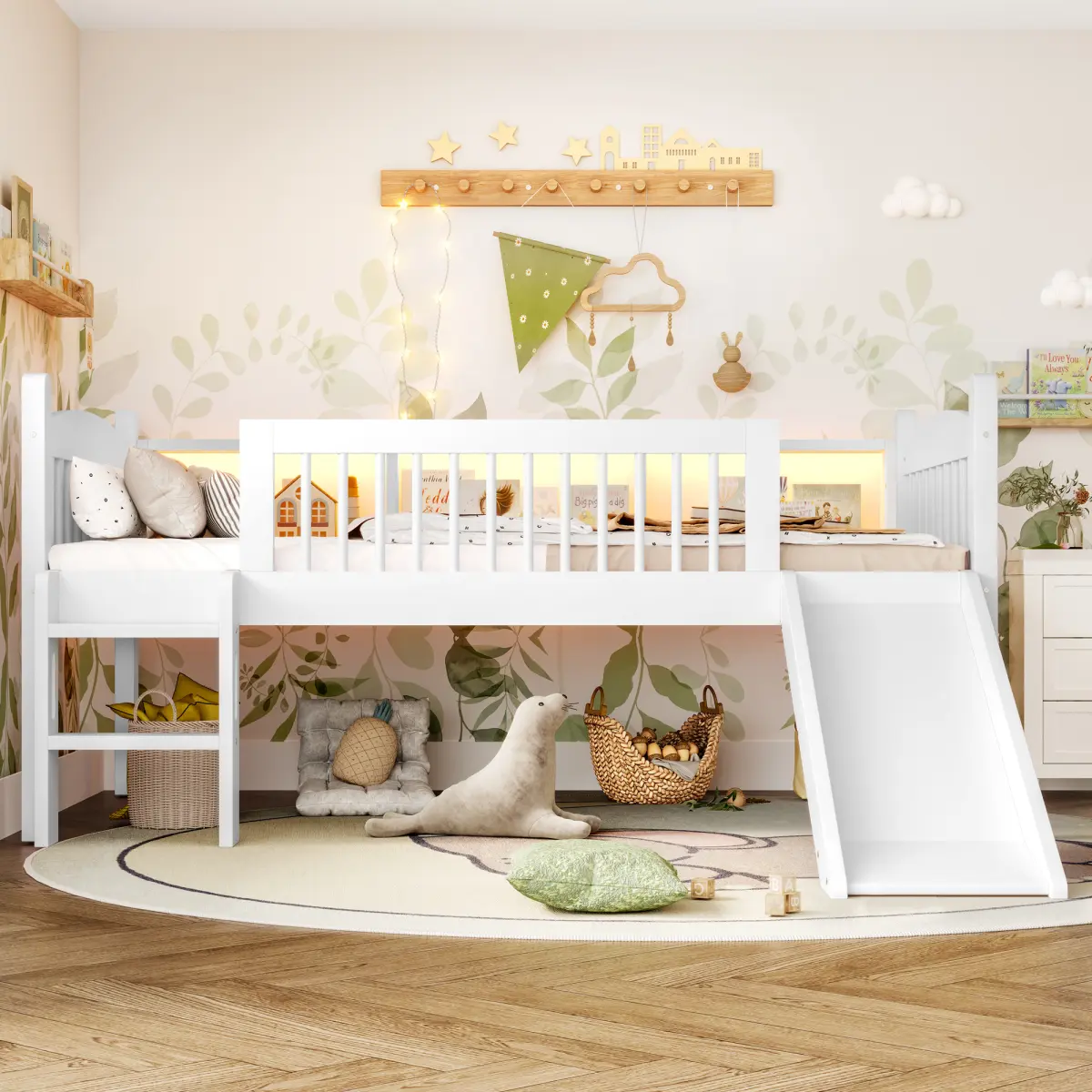 Twin XL Size Modern Low Loft Bed with Slide, Solid Wood Frame, Storage Shelves, LED Lights, Full-Length Guardrails, No Box Spring Needed