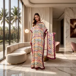Geometric Print Robe Set – Fitted Long Shawl Dress + Satin Scarf for Beach Sun Protection