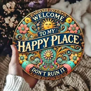 8x8 Inch Round Aluminum Sign Vintage Metal Sign Welcome To My Happy Place Colorful Floral Wall Art Durable Home Decor, Home Decoration For Bedroom Kitchen Office Easy To Hang Unique Housewarming Gift Farmhouse Style Botanical Decor