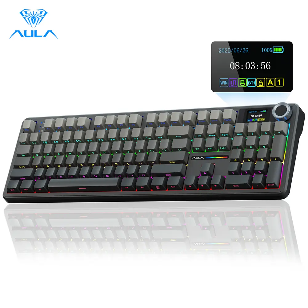 AULA F108 PRO Wireless Mechanical Keyboard - Full-Size 104-Key, Customizable RGB Backlighting, 8000mAh Battery, Hot-Swappable PBT Keycaps, Integrated Screen, Back Lit Keyboard for PC Gaming, Pc Gaming Keyboards