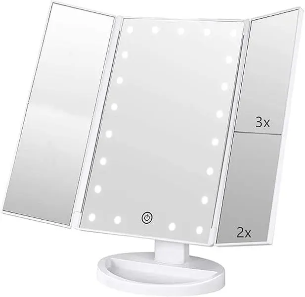 9inch*14inch Foldable Tri-Fold Lighted Vanity Mirror with 21 LEDs, 1X/2X/3X Magnification, Touch Screen Dimming, 180-Degree Adjustable Rotation, Dual Power Supply (4 Pcs AAA, USB Cable), ABS Frame, Makeup Aid for Ladies, Ideal for Anniversaries