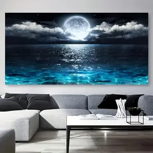 Wooden Framed Canvas Painting - A 2D flat frameless painting, a moonlight ocean canvas wall art for wall decoration, large abstract moonlight reflection printing, modern home decoration, suitable for living room and bedroom Wrapped in canvas