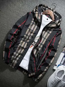 Men's Fall Clothing Lightweight Hooded Zipper Jacket, Adjustable Drawstring and Colorblock Stripe Decoration