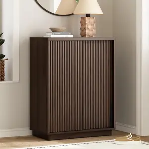 PieDle Fluted Shoe Cabinet with Sliding Door, 6-Tier Large Hidden Storage Organizer Modern Shoe Rack with Adjustable Shelves, Mid Century Freestanding Wooden Shoe Storage Cabinet for Entryway, Living Room