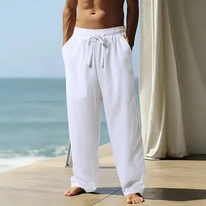 Men's Casual Straight-Leg Pants – Made from lightweight and breathable fabric with a textured feel, featuring an elastic waistband with drawstring, and side pockets – Perfect for summer and casual occasions