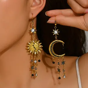 Retro-Style Earrings: Unique Sun & Crescent Moon Tassel Design — Diamond-Embellished Studs and Versatile Dangle Earrings