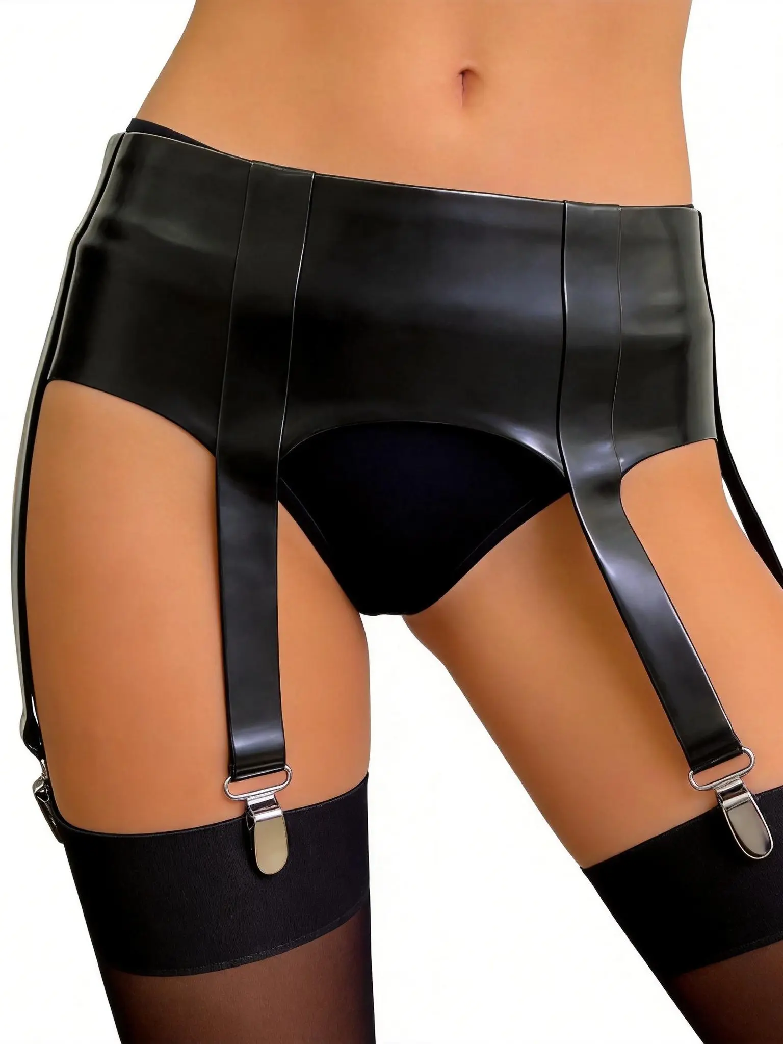 GREEFEI Black Latex High Waist Garter Belt with 6 Adjustable Straps, Handmade Cosplay Club Accessories Elegant Womenswear