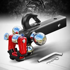 Trailer Hitch Tri Ball Mount with Hook & Rotatable Tow Shackle, Fits 2” Hitch Receiver with 1-7/8", 2"& 2-5/16" Chrome Hitch Balls, Secure with Self-Lock Latch, 10,000 LBS GTW