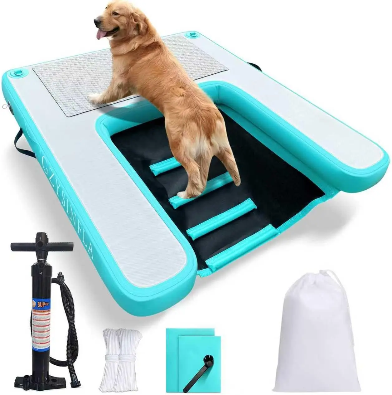 OMNIRA Heavy Duty Inflatable Large Dog Water Ramp Float - PVC Anti-Slip Floating Stairs for Pools, Boats - Supports Pets Up to 200 Lbs - Includes Air Pump, Rope, Repair Kit