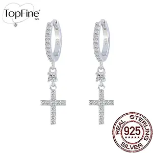 S925 Sterling Silver Cross Dangle Hoop Earrings, Silver Color, Non - Allergic, Elegant Style for Women, Suitable for Daily Wear & Party