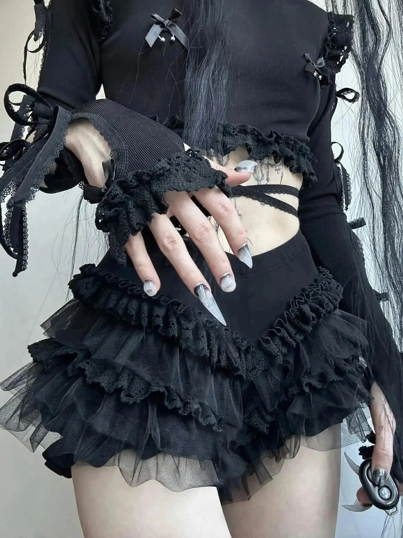 Gothic Dark Lolita Mesh Lace Layered Ruffled Mini Shorts for Women, Cosplayers, Womenswear, Clothes, Trendy Summer Street Style, Slim-Fitting Fashion Bottoms elevated basics on trend go to