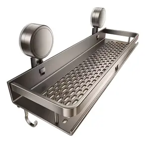 1pc Heavy-Duty Rustproof Shower Caddy with Suction Cups - Space-Saving Wall-Mounted Floating Shelf & Towel Hooks for Shampoo, Soap, and Bathroom Accessories, Durable Metal Design for Modern Bathrooms