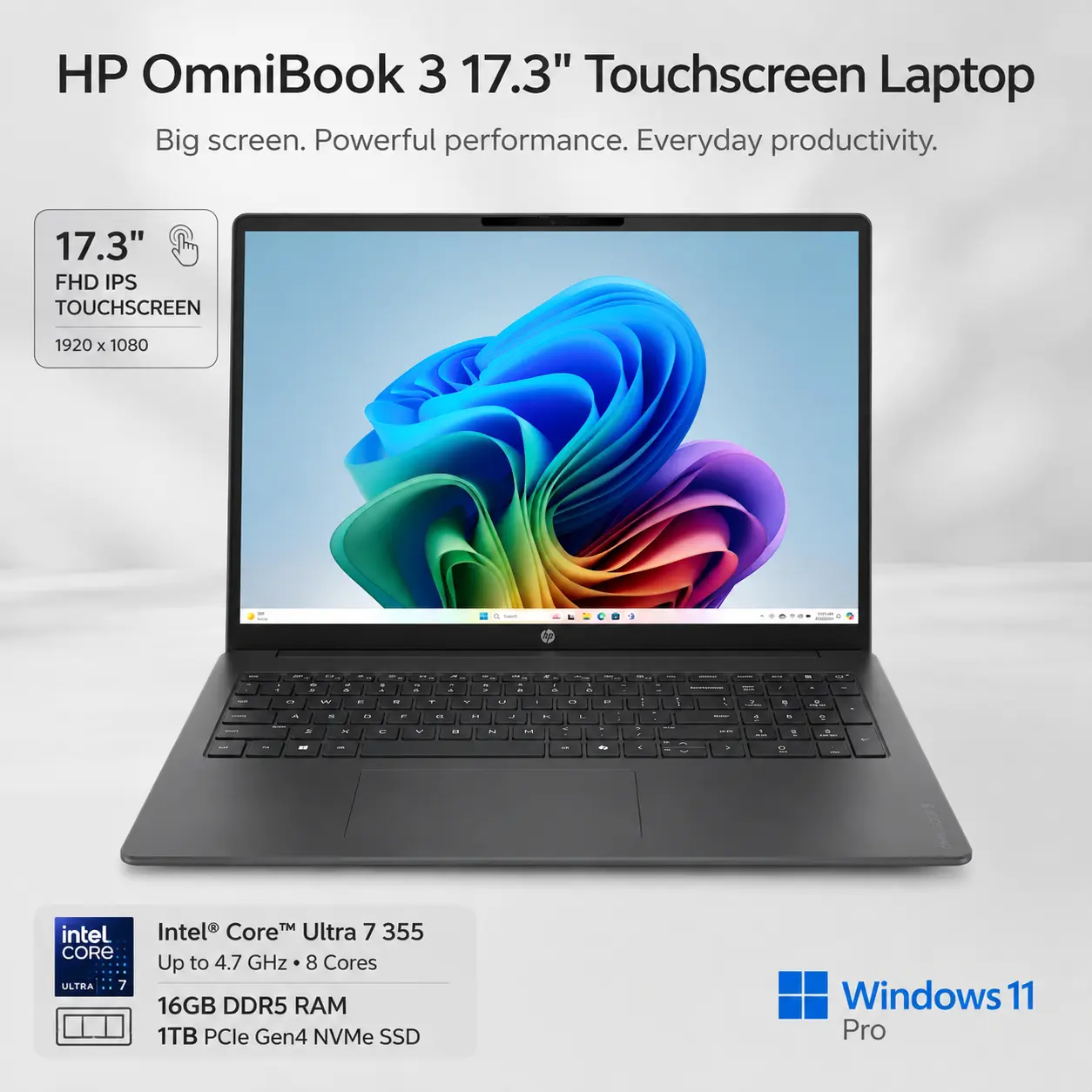 HP OmniBook 3 17.3-inch Touchscreen Laptop - Powerful CPU Intel Ultra 7 355, 1920x1080 Display, Up to 64GB DDR5 RAM, Up to 2TB SSD, Built-in Touch Backlit Keyboard, Windows 11 Pro, Dark Gray PC/Laptop