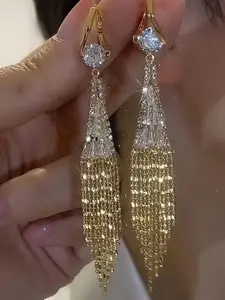 Women's Elegant Rhinestone Decorated Dangle Earrings, Exquisite Trendy Fringe Design Dangle Earrings, Chic Gorgeous Jewelry As Gift for Girlfriend, High Quality Earrings