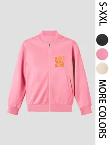 "TRUST ME GOD NEVER FAILS YOU (Believe Me, God Will Never Let You Down)" Women's Printed Zip Long-Sleeve Jacket, 4-Season Casual Long-Sleeve Bomber Jacket, Fashionable Outerwear for Daily Wear & Outdoor Activities - Layering Style