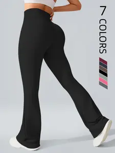 Women's Solid High Waist Flare Leg Sports Leggings, Yoga Bottoms, Casual Comfy Breathable Pants for Gym,Workout and Running, Ladies Sportswear for All Seasons