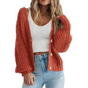 PrettyGarden Women's Chunky Knit Open Front Sweater Long Sleeve Button Loose Short Cardigan Outerwear Coats Womenswear Knitwear Casual