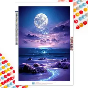 Diamond Painting Kit Set, Full Round Drill DIY Art Mosaic, Moonlit Beach Pattern, Home Decor, Best Gift, Diamond Art Supplies