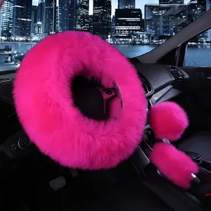 Steering Wheel Cover Gear Shift Handbrake Fuzzy Cover 1 Set 3 count Multi-Colored with Winter Warm Pure  Fashion for Girl Women Ladies Universal Fit  (Rose red)