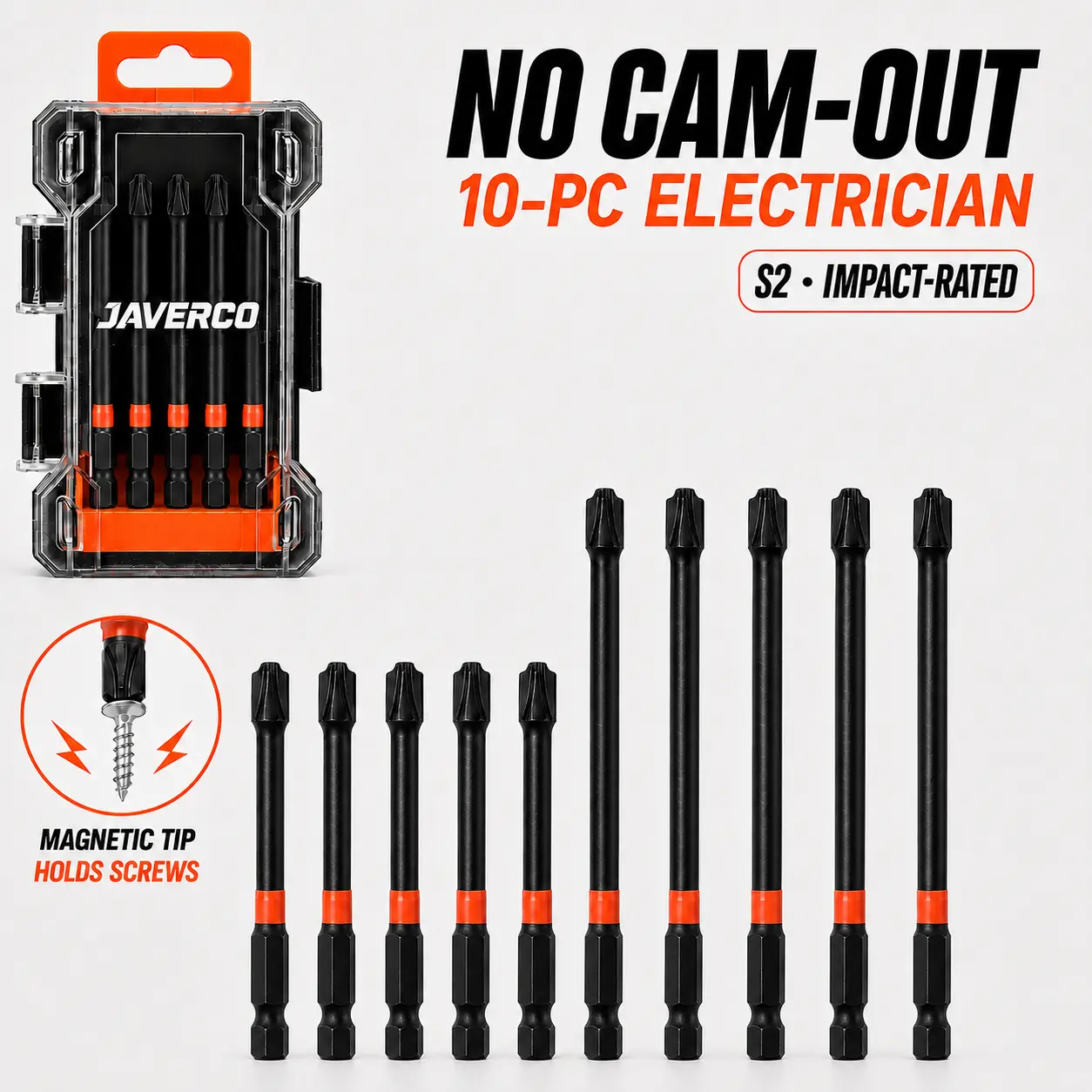JAVERCO FPH2 Magnetic Impact Screwdriver Bit Set for Electricians, 10Pcs S2 Steel 65mm & 110mm, 1/4 Inch Hex Shank Cross Slot Screw Driver Drill Bits Used on Circuit Breakers,Outlets & Panel Wiring