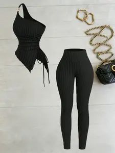 Women's Slim Fit Knitted Set, Sleeveless Top & High Waist Tight Pants, Casual Daily Wear, Solid Color, Regular Length, Womenswear, Everyday Style, Basic