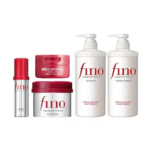 FINO Hair & Hand Self Care Products Gift Pack - Intensive Repairing Mask, Cleansing Shampoo and Conditioner Duo, Fragrant Daily Smooth Cream, Nourishing Dyed Hair Cleanser with Silica & PG
