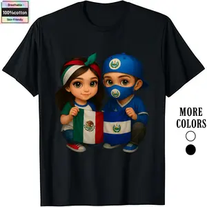 Fashion Designer T-Shirts - Cotton Graphic Tees with Kids Holding Mexico & El Salvador Flags Tee,Crewneck,Casual,Ideal for Everyday Wear, Tropical Men's Gifts.