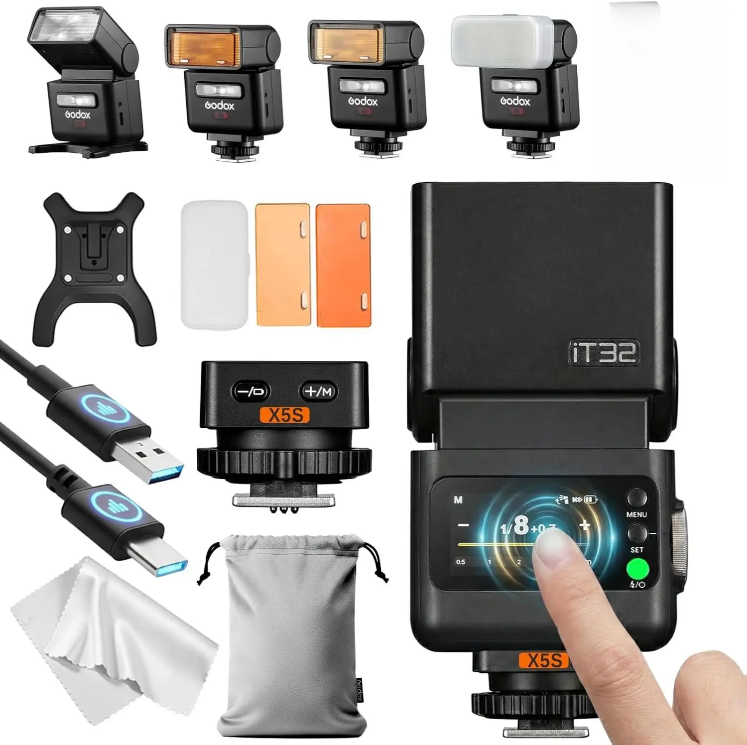 Godox iT32 TTL Camera Flash with X5 Flash Trigger for Sony Canon Nikon Fuji Olympus Panasonic Leica Cameras Magnetic Hotshoe & Trigger 2-in-1 Colorful Touch Screen Rotatable Flash Head X System TTL&HSS LED Modeling Lamp Creative Accessories
