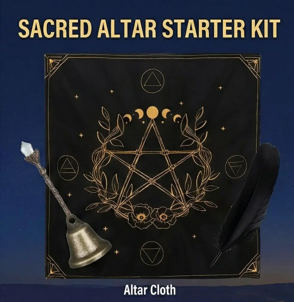 Sacred Wiccan Altar Starter Kit - Gold-Stamped Altar Cloth, Hand Bell & Ritual Feather, Decor, Gift, Clearing