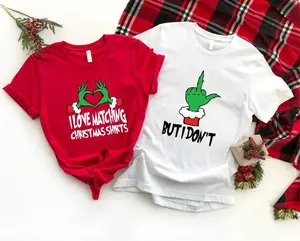 Fun couples Christmas party shirt set — “I love matching shirts, but I don’t” design. Perfect matching Xmas tee for husband and wife, a playful holiday outfit and thoughtful Christmas gift. - LORA ATCHER