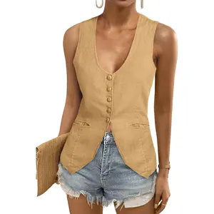 Imily Bela Womens Scoop Neck Blazer Vest Summer Linen Sleeveless Fitted Waistcoat Work Casual Cotton Suit Tops