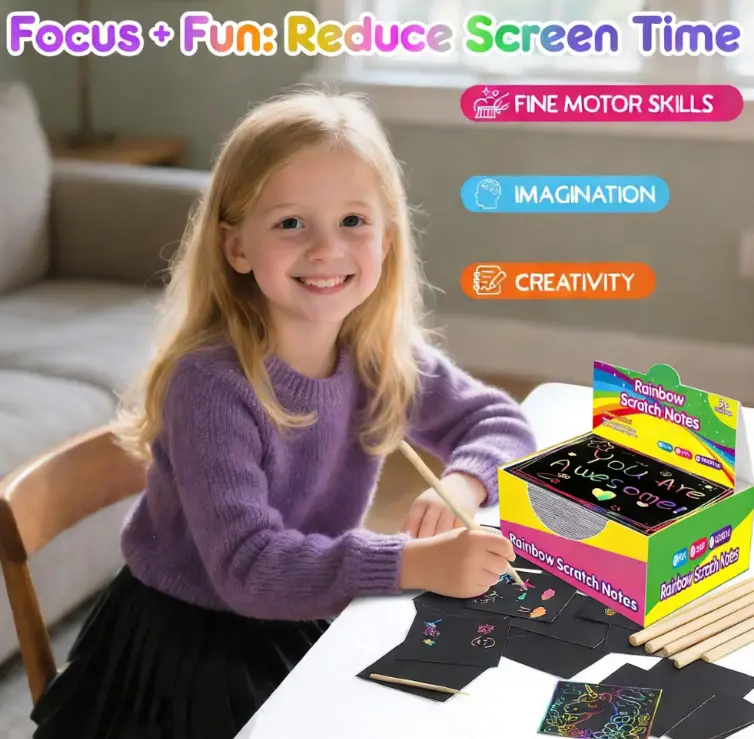 100 Pcs Rainbow Theme Scratch Paper Art Notes Bulk Pack - Creative Play Office Stationery for Kids Ages 4+, Classroom Prizes, Teacher End-of-Year Student Gifts