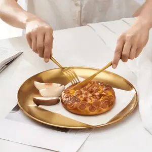 1pc Korean-style gold round plate - thickened fruit, cake, bone tray b| Shallow flat bottom design, for home, kitchen, dining room use, kitchen service tray | elegant tableware | durable kitchenware