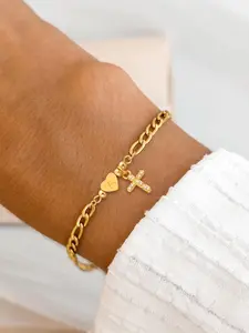 Women's Heart Initial Zircon Cross Pendant Bracelet, Stainless Steel Figue Chain, Fashion Jewelry for Women