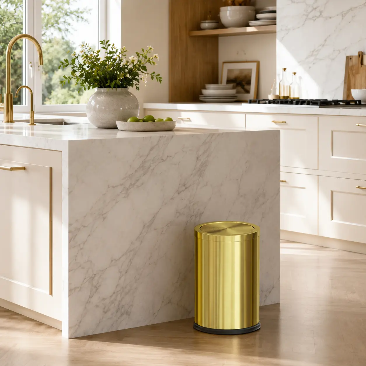 High-End Noiseless Waste Container Mini Trash Bin, 9L Golden Stainless Steel Garbage Can, 360 Degree Mute Flip Cover Anti-Rust & Odor Block Design for Kitchen Bathroom Office