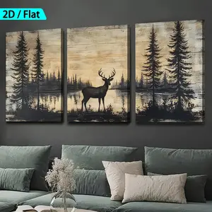 3-piece set, printed on a flat surface] framed canvas and poster, ready to hang immediately. Retro abstract forest deer animal art. Ideal for holiday gifts. Suitable for hanging in living room, bedroom, dining room, office.