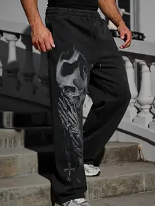 Water Wash Cotton Dark Skull Cross Print Pants, Loose Fit Drawstring Waist, Street Style for All Seasons, Casual Daily Wear