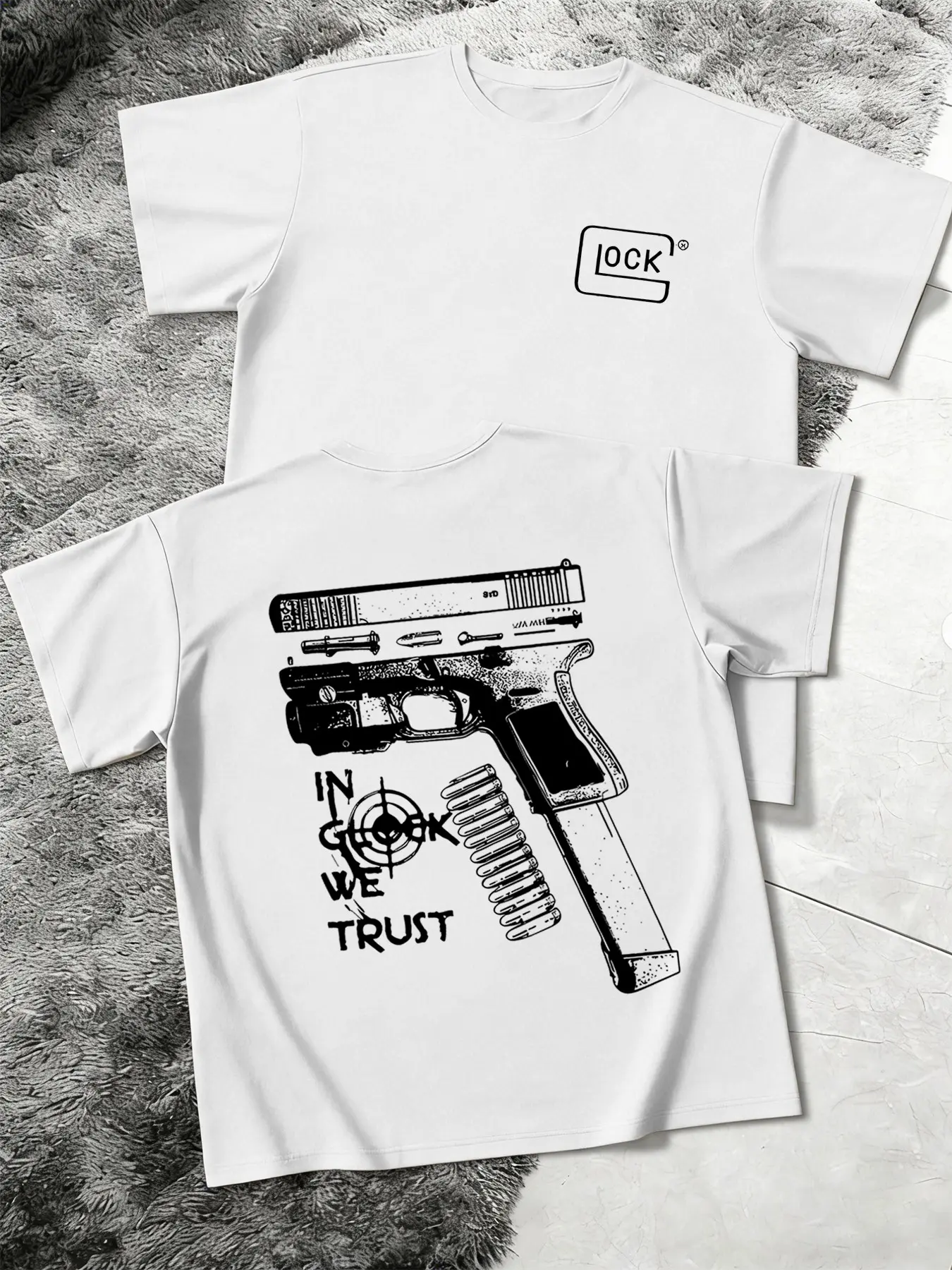 Nuclear Tactical Style Glock Handgun Print T-Shirt, Military Summer Tee, Short Sleeve Graphic Top, Fitted Design, No Collar, Streetwear, Round Neck