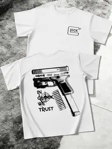 Nuclear Tactical Style Glock Handgun Print T-Shirt, Military Summer Tee, Short Sleeve Graphic Top, Fitted Design, No Collar