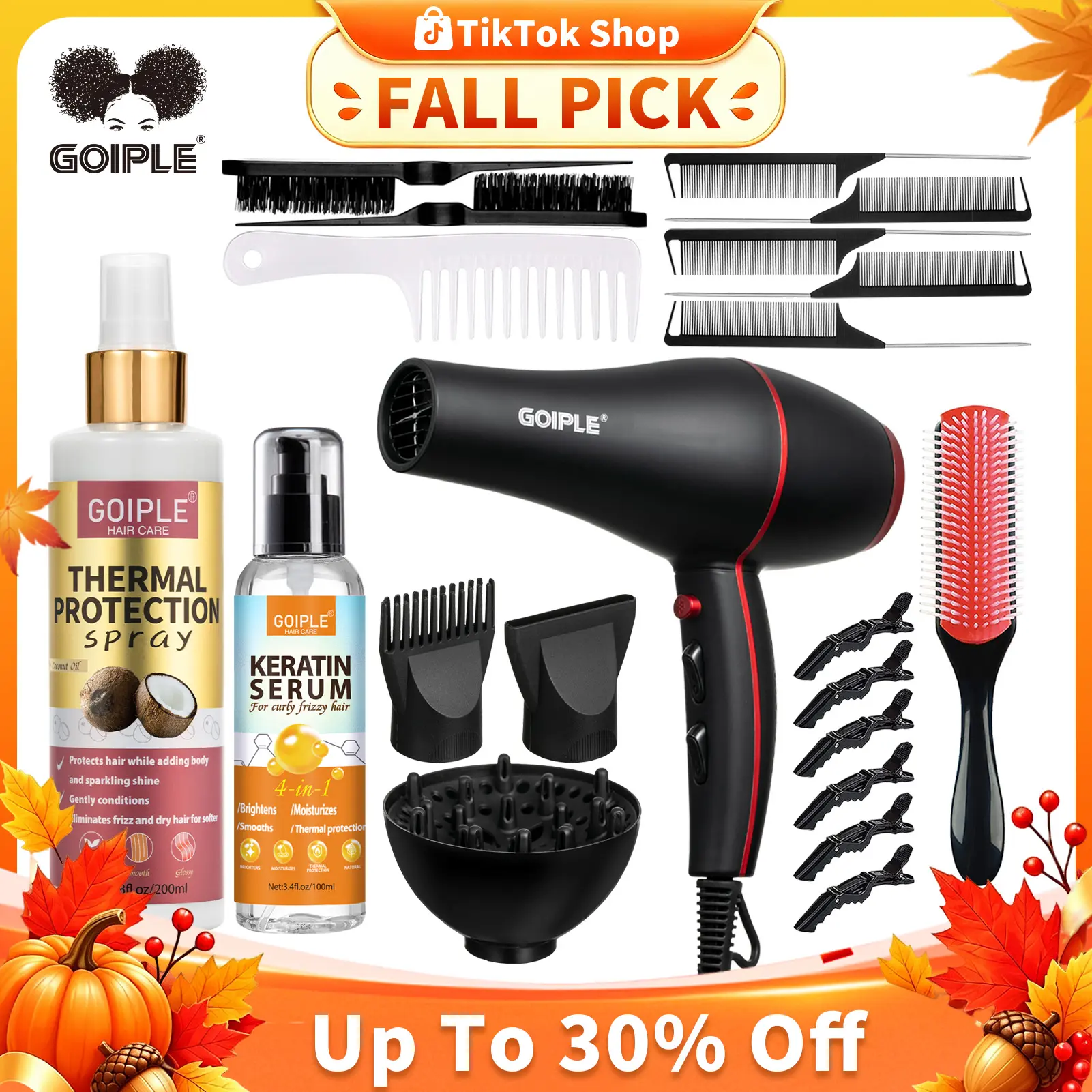 Goiple Professional 1800W Powerful Blow Dryer Set - Ionic, Low Noise, Constant Temp Control, Full-Size Diffuser, Keratin Serum Concentrator, Blow Dryer Brush, 1 Count 6.8fl.oz Thermal Protection, Adjustable Heat & Speed Settings, Hair Tools for Blowout