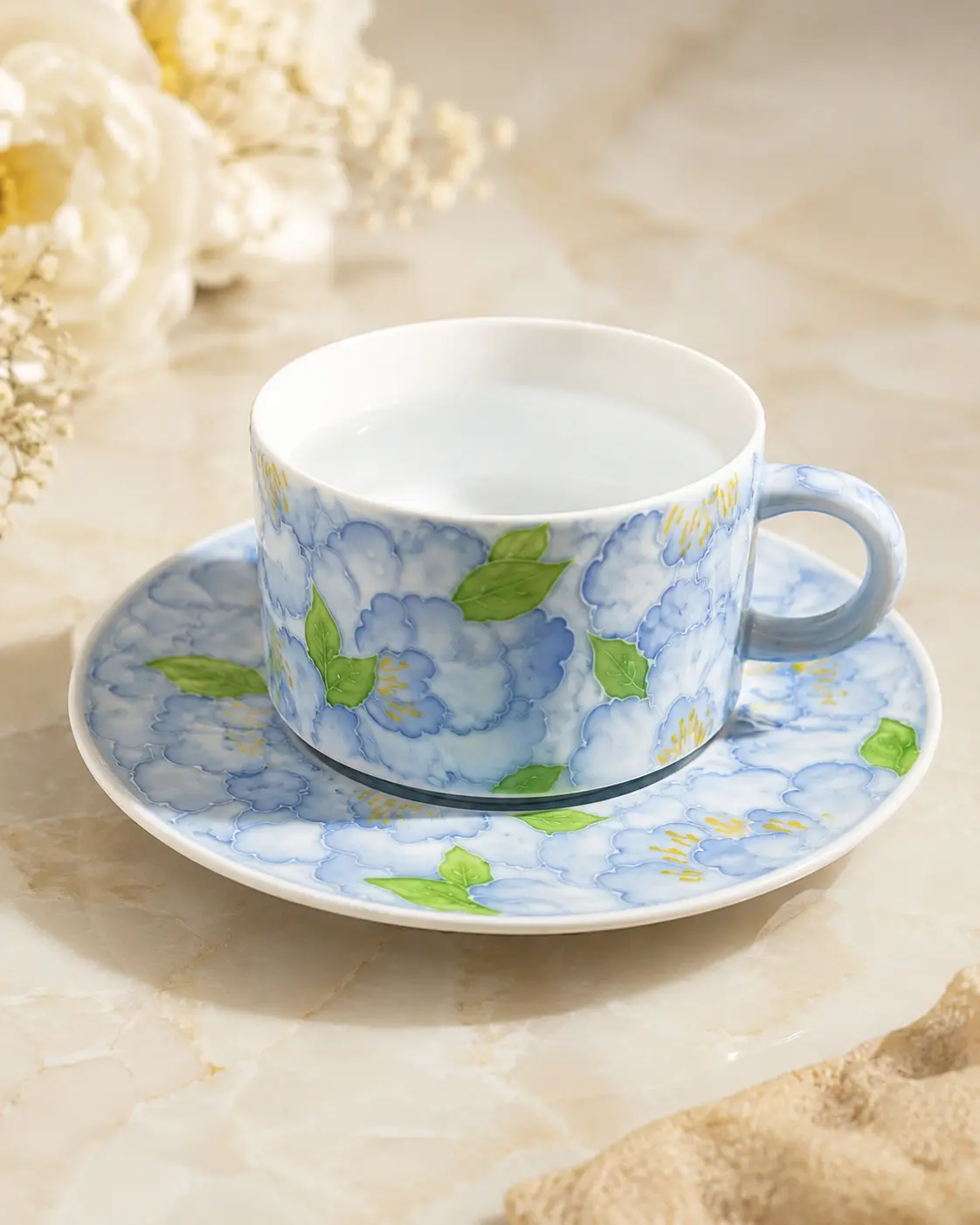 Hand-Painted Ceramic Tea Cup and Saucer Set - Artisan Round Floral Teaware, Everyday Drinking Luxury Kitchenware Drinkware