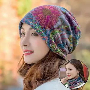 Floral Print Twist Turban Red Flowers Green Leaves Vintage Multi Way Beanie Scarf Neck Warmer Soft Knit Cap Hairwraps Neck Gaiter