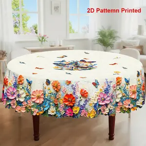 1pc, Spring Summer Themed Party Tablecloth, Colorful Butterflies Floral Oil Painting Style Printed Design, Rectangular/Round/Oval Table Cloth, Embossed Edge, Suitable For Indoor Outdoor Dining Picnic Dinner Dining Room Decoration