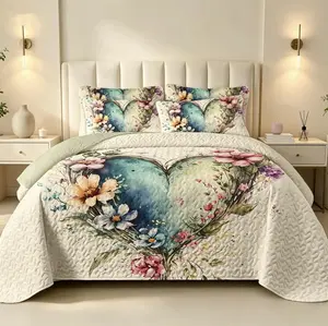 Eternal Night Heart River Lightweight Quilted Thin Quilt, Romantic Heart-Shaped Floral Bedspread. Watercolor Heart Printed Bedding Set. King/Queen/Full sizes include 2 decorative pillow shams; Twin size includes 1 decorative pillow sham. Soft and comforta