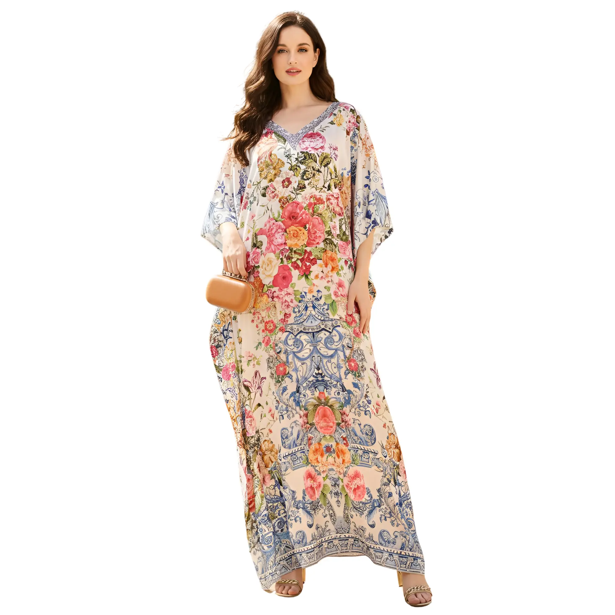Gypsie Blu Women's Plus Size Polyester Kaftan Dress - 3/4 Sleeves, Kimono Style, Loose Fit, Maxi Length - for Evening & Casual Wear (Coral Red)