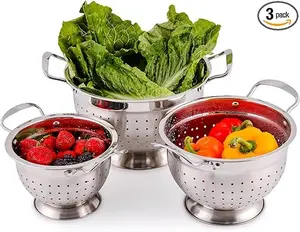 Premium Stainless Steel Colander Set of 3 - Deep Kitchen Strainers (1.5, 3, & 5 Quarts) with Handle for Pasta, Fruit, Noodles, Meal Prep, Silver