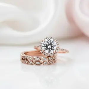 Vintage 3PC Halo Round Cut Wedding Ring Set In Rose Gold