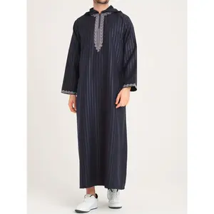 Men's Comfy Long Sleeve Thawb With Hood, Solid Color Thobe With Stylish Embroidered Design